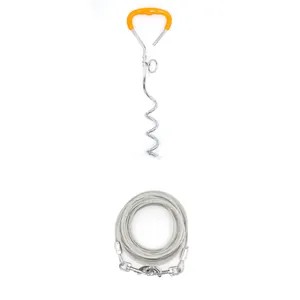 Detail of durable spiral dog ground stake and heavy-duty steel tie-out cable set