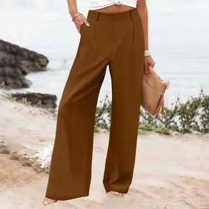 Eleganti pantaloni da donna a vita alta e gamba larga in marrone, perfetti per l'estate.