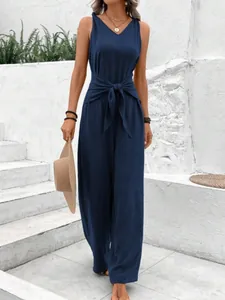 Sleeveless V-neck wide-leg jumpsuit with front knot detail in navy blue for women