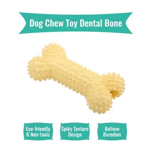 Durable yellow spiked bone dog toy designed for teething and boredom relief for pets
