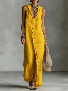 Sleeveless yellow hooded maxi dress with front button detail and casual loose fit.