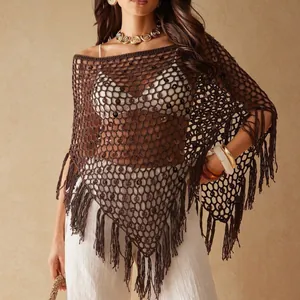 Poncho Bohémien Uncinetto a Mano con Paillettes e Nappine per Donna Stile Resort Scialle con Frange Sciarpa Triangolo Top