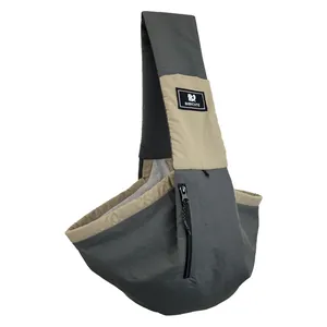 Grey and tan pet sling carrier for small dogs with zipper pocket and BIBICUTE label