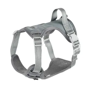 Detailed studio shot of a gray reflective breathable vest-style dog harness for pets