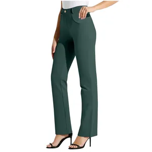 Detail view of women's straight leg office trousers in dark green with elastic waist
