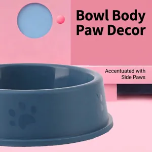 Minimalist dark blue plastic pet dog bowl with embossed paw print design for feeding