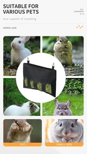 Hanging black hay feeding bag shown with various small pets application scenarios