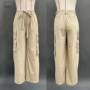 Front and back detail view of women's khaki wide-leg cargo pants with utility pockets