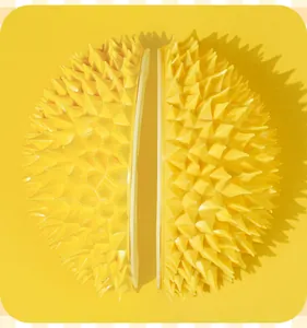 Detailansicht der Noppen auf dem gelben Katzenmassagegerät in Durian-Form