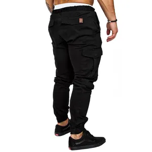 Black multi-pocket cargo joggers for men with tapered cuffs and back flap pockets.