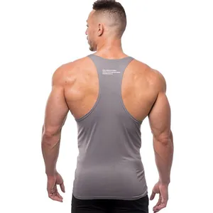 Back view of men's grey stringer tank top designed for bodybuilding and fitness training