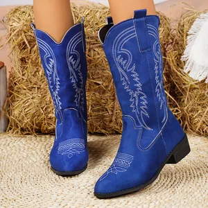 Vue détaillée de bottes de cowboy en daim bleu avec broderies blanches et coupe en V