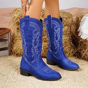 Vue détaillée des bottes de cow-boy vintage bleues avec broderie et design élégant en V