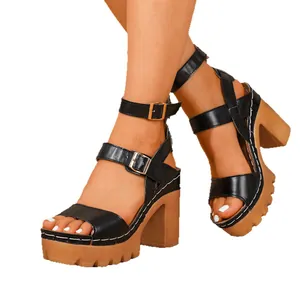 Women's black platform block high heel sandals with ankle straps and contrast stitching