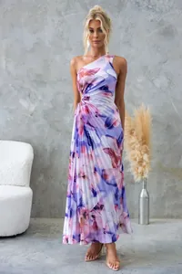 Elegant one-shoulder floral print pleated maxi dress featuring a chic waist cutout design