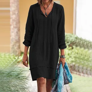Elegant black long sleeve V-neck midi dress with tie-front detail for women fashion
