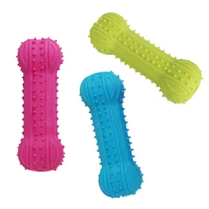 Durable bone-shaped TPR dog chew toys in three colors for dental cleaning and play.