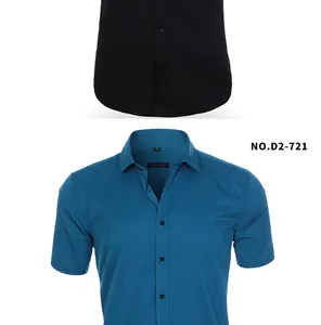 Close-up detail of men's short-sleeved stretch business casual shirts in teal and black