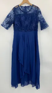 Detailed view of the royal blue chiffon dress featuring delicate floral lace embroidery