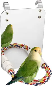 Durable acrylic bird mirror toy featuring a colorful woven rope perch for cages