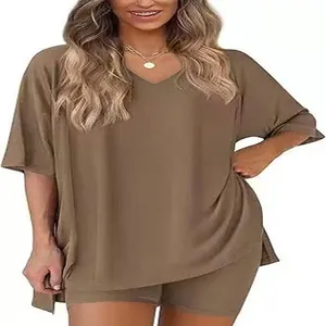 Detail of women's comfortable brown V-neck loose t-shirt and matching shorts set