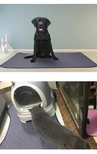 Washable non-slip grey pet pee pad demonstrated with dog and cat litter box setups