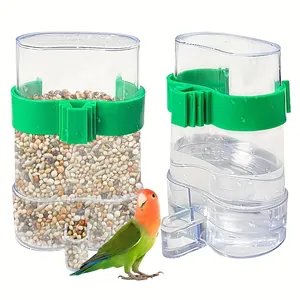 Automatische transparante vogelwaterer en voerbakset met groene clips voor vogelkooien