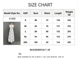 Detailed size chart for the floral V-neck sleeveless maxi dress with measurements in CM