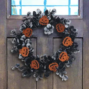 Halloween Wreath With Black Eucalyptus Leaves And Orange Glitter Pumpkins For Front Door Wall Window Party Hanging Decor