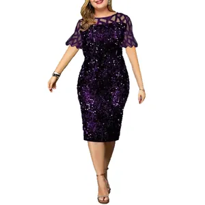 Plus-size purple sequined cocktail dress with elegant mesh neckline and short sleeves