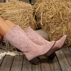 Dettaglio di stivali da cowboy in camoscio rosa con ricami bianchi in un ambiente rustico.