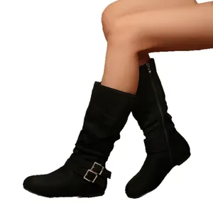 Elegant black slouchy knee-high boots for women with side zipper and metal buckle detail.