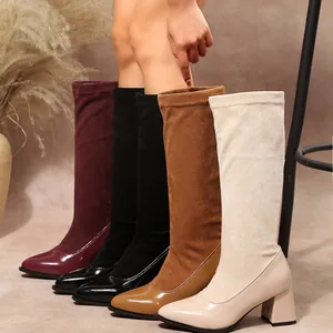 Women French Retro Patchwork Suede Pointed Toe Ankle Boots Elegant Block Heel Splicing Chic Short Boots Versatile Footwear