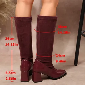 Elegant burgundy suede splice chunky heel mid-calf boots with detailed size dimensions