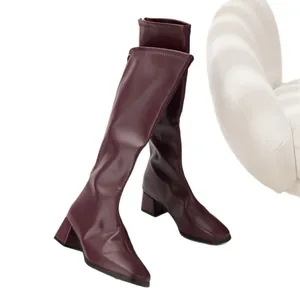 Burgundy square toe knee-high boots with stable block heels for winter fashion