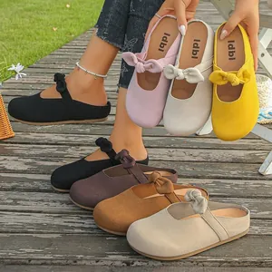 Women Casual Faux Fur Slides Bow Knot Cork Style Sandals Breathable Slip On Mules For Outdoor Daily Fashion Summer Shoes