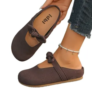 Brown suede Mary Jane mules with bow detail, breathable casual summer slippers for women