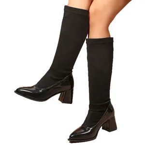 French retro block heel boots with patchwork suede and patent leather pointed toe