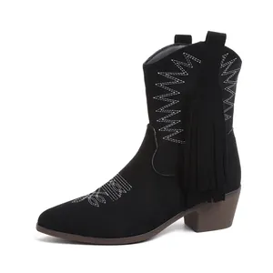 Black Western style ankle boots featuring white embroidery and stylish fringe detail for women