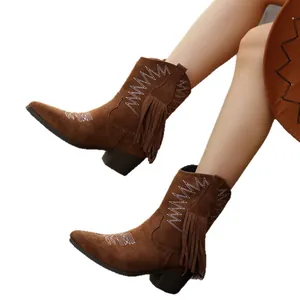 Western style brown pointed toe block heel ankle boots with white embroidery and tassels