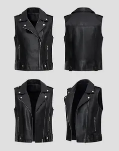 Professional multi-angle views of a women's black PU leather biker vest with lapels