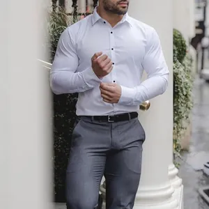 Slim-fit white long-sleeve business casual shirt for men featuring stylish black buttons