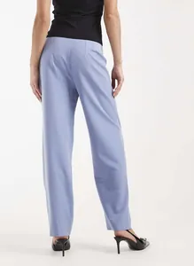 Rear view of elegant high-waisted straight-leg periwinkle trousers for women's office wear.