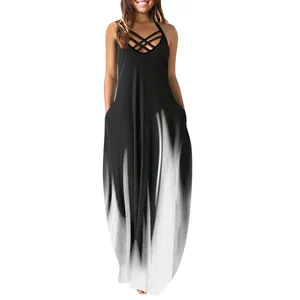 Summer sleeveless halter maxi dress with black and white flame print and pockets