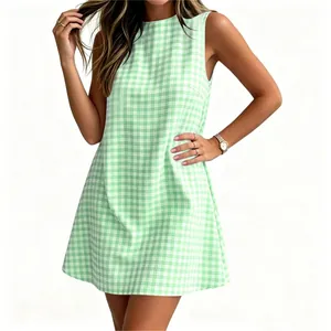 Elegant summer green and white gingham sleeveless dress with a classic round neck design