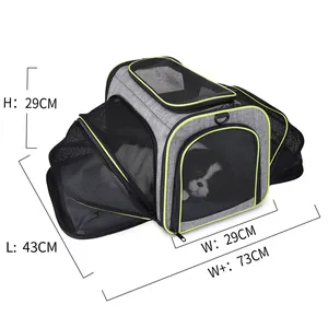 Expandable breathable pet carrier bag showing dimensions: 43cm L, 29cm H, and 73cm max W.
