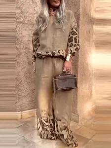 Elegant women's 2-piece summer fashion leopard print loose top and trousers set