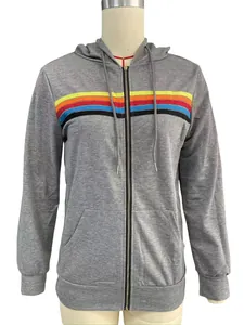 Vue détaillée d'un sweat à capuche gris zippé avec des rayures arc-en-ciel colorées