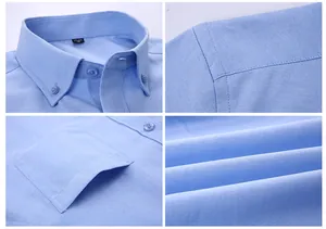 Close-up detail shots of blue Oxford shirt collar, shoulder stitching, pocket and fabric texture