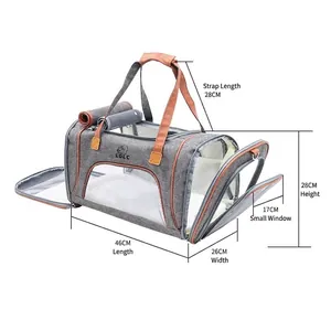 Breathable foldable grey pet carrier bag with dimensions marked for cats and dogs